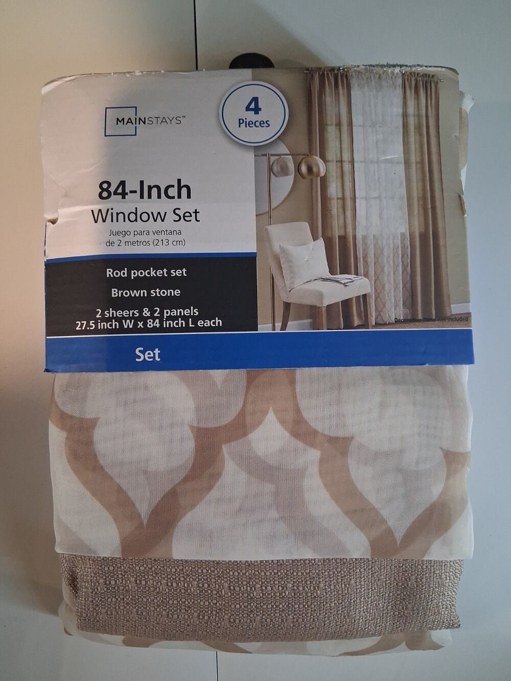 Mainstays 4-Piece Window Curtain Set Brown Stone 2 Panels 2 Sheers 84" Rod...